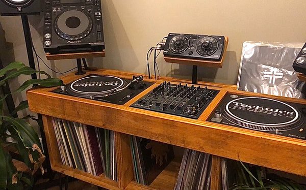 Reclaimed wood custom DJ stand in mid oak with black hairpin legs