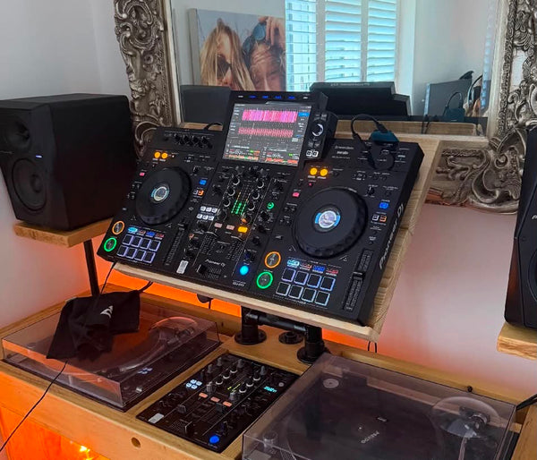 Custom DJ controller CDJ platform from reclaimed wood and powder coated scaffold