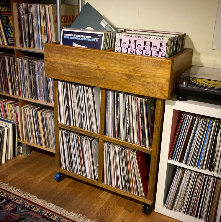 Reclaimed wood vinyl record storage trolley cabinet on wheels – The ...