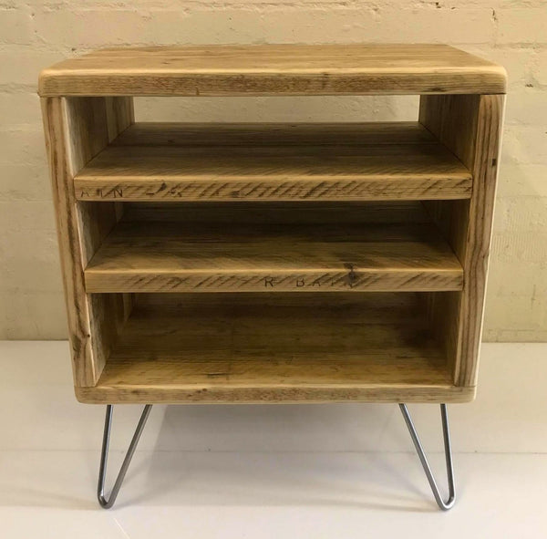 Rustic hifi media CD storage unit from reclaimed scaffold boards on steel hairpin legs