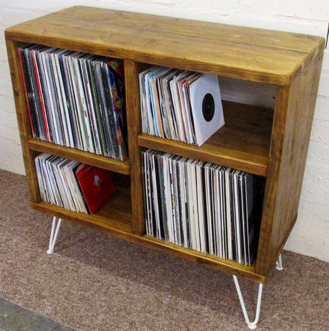 Rustic vinyl record storage unit from reclaimed scaffold boards on white hairpin legs