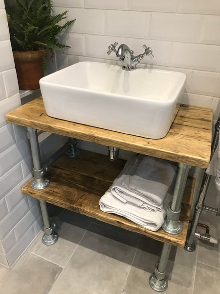 Rustic industrial sink vanity unit, from reclaimed scaffold boards, with steel scaffold frame