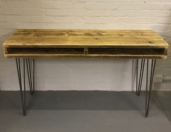 Rustic industrial DJ deck stand, reclaimed scaffold boards on raw steel hairpin legs